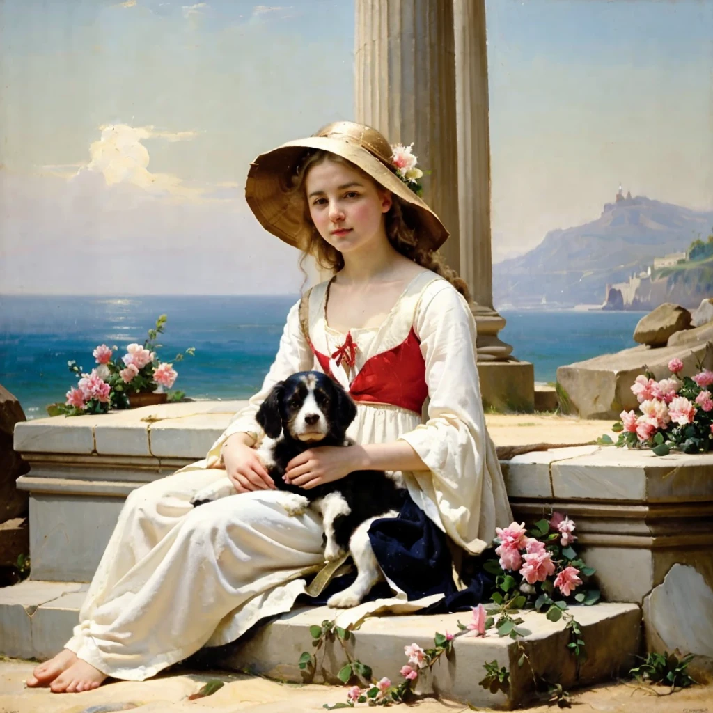 oil on canvas, a young beautiful woman with resemblance to Mckenna Grace, white medieval outfit, has a little dog, She is lying on some stone steps in front of a column decorated with flowers, in the background a quiet beach, Hoar, looking to the camera, natural lighting, style of william-adolphe bouguereau