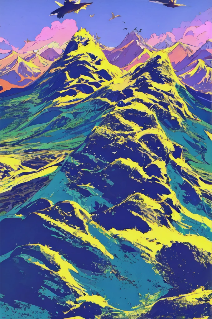 A boy looking at the mountain top against the background of countless blue and purple lights flying around while glowing fantastically