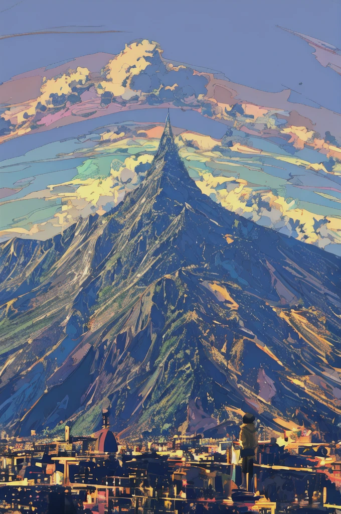 A boy looking at the mountain top against the background of countless blue and purple lights flying around while glowing fantastically