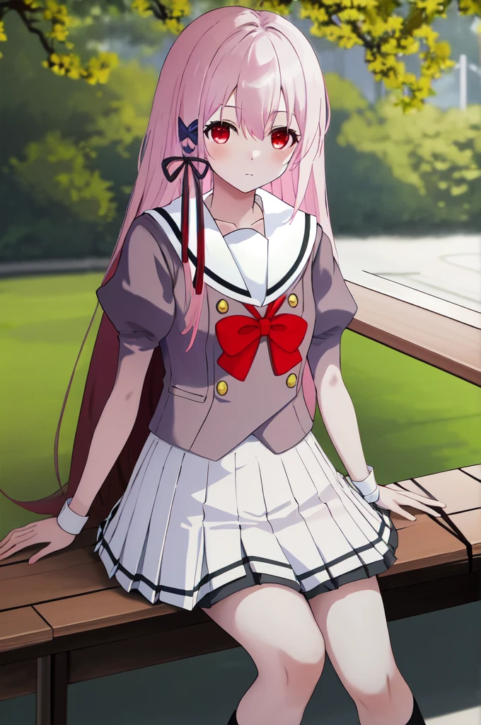 Masterpiece, Best Quality, high resolution, hair band, white skirt with red bow gray serafuku, sitting in a park.