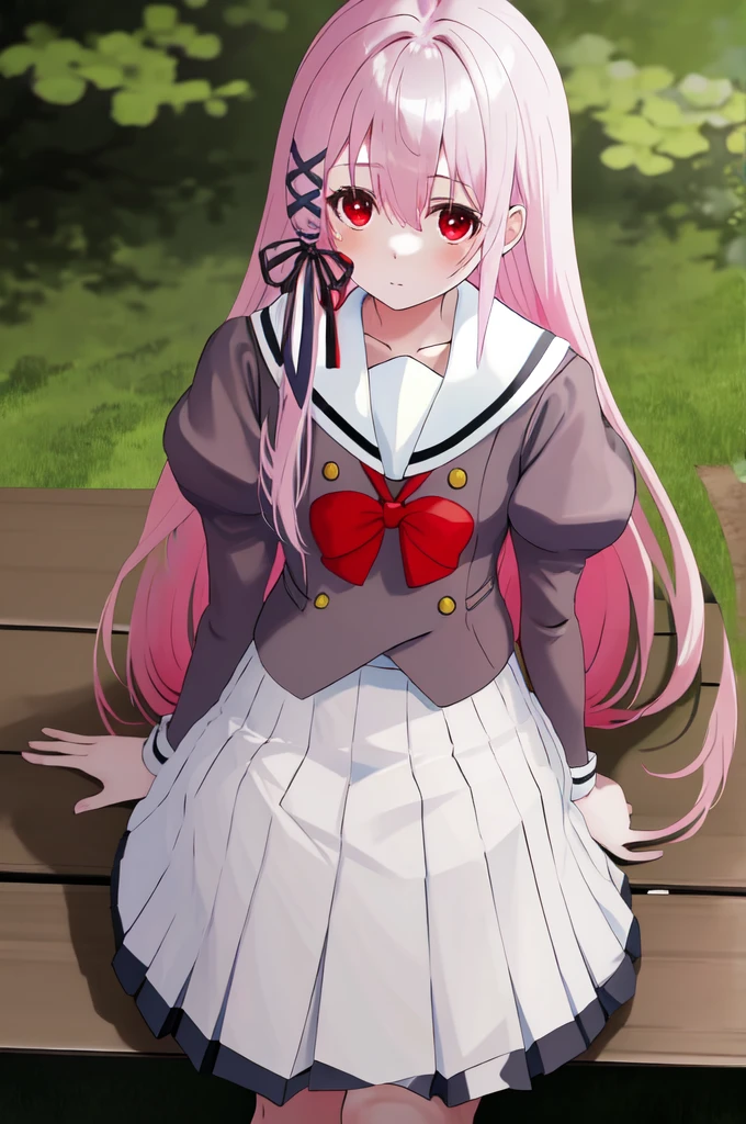 Masterpiece, Best Quality, high resolution, hair band, white skirt with red bow gray serafuku, sitting in a park.