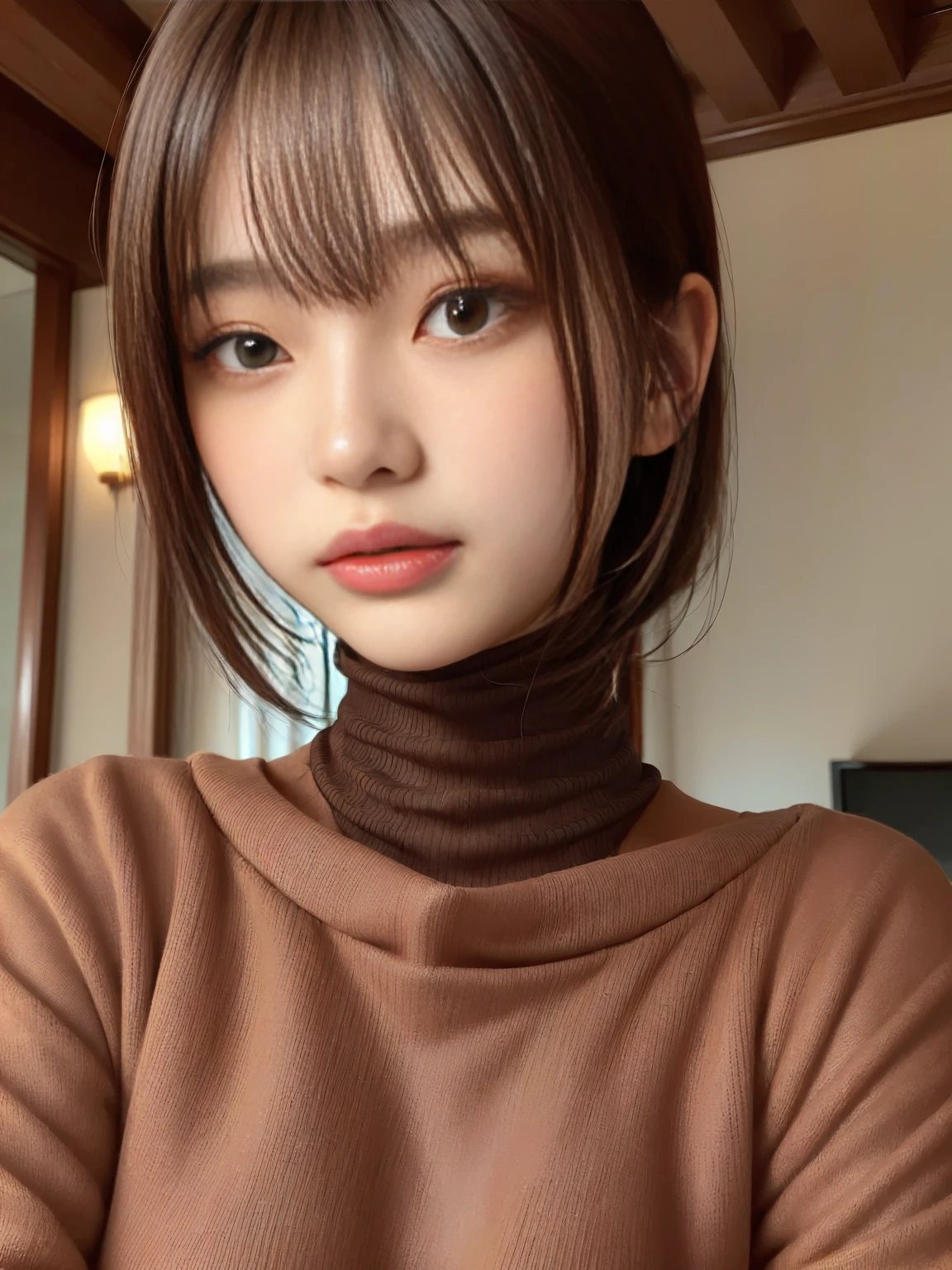黒いturtleneckのセーターを着た日本女性、 (((masterpiece))), ((Highest quality)), ((Intricate details)), (((超Realistic)), irrational solution, Near and far, Very detailed, Realistic, 1 Girl, ((Big Breasts)), Perfect hands, Finger details, Beautiful and exquisite, short hair, Brown eyes,(turtleneck:1.2), Tight Skirt, Detailed Background, choker, Perfect Eyes, Captivating eyes, Looking at the audience, from the front、Laughter、Moles around the mouth、Knit dress、Nipples
