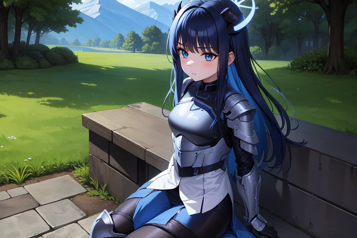 1girl,solo, saorijoumae, saori joumae, blue eyes, blue hair, halo, long hair, sitting, looking at viewer, adventurer clothes, light armor, horns, outdoors