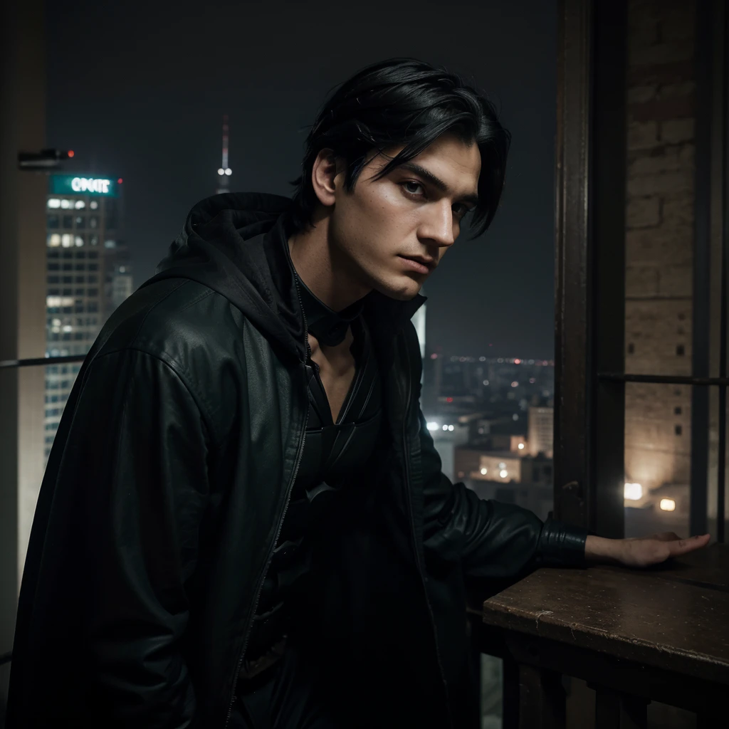 Generate art, best photo, pop culture style genre DC comics Batman type,
break,
A 20 year old young man, medium straight black hair, dark green eyes, DC vigilante dress, looking gloomy while looking down from a tower at a gothic-style city, Dark clothes,
break,
best angle, best view
