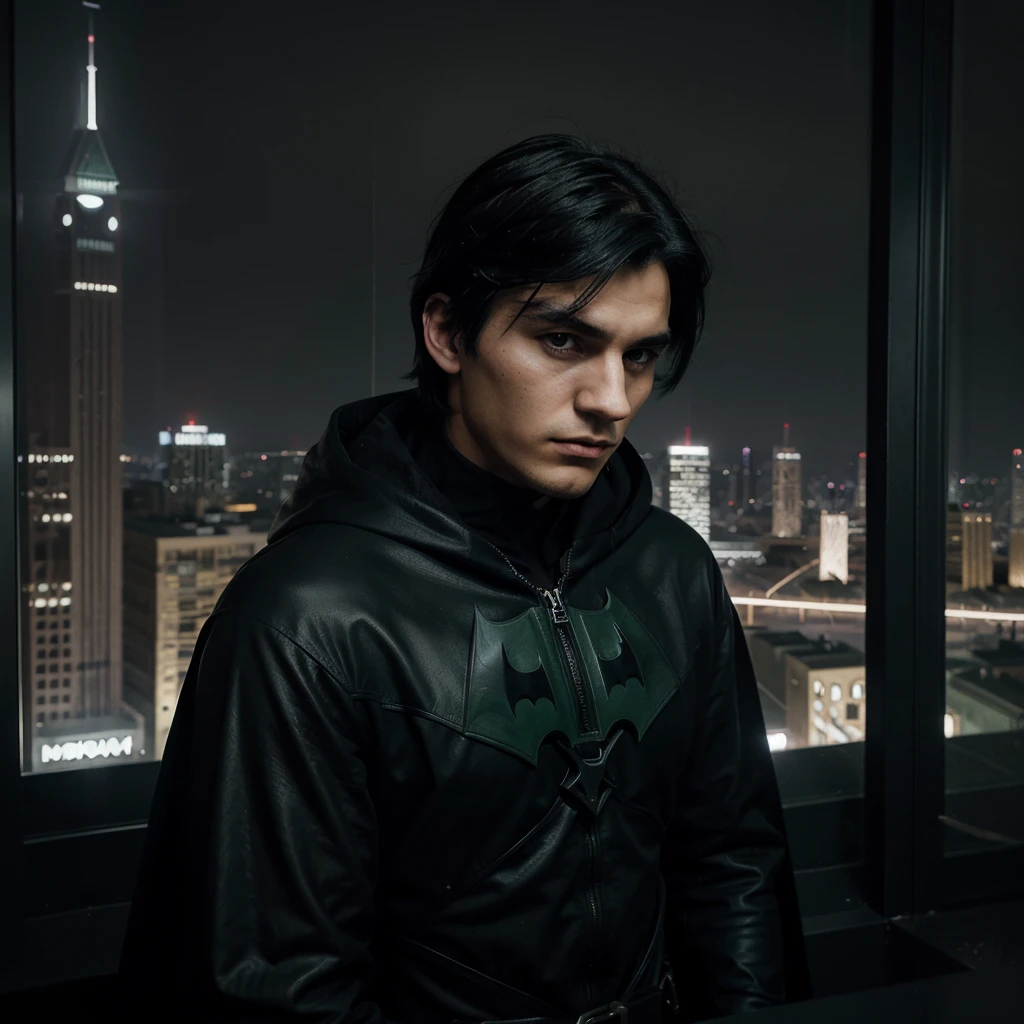 Generate art, best photo, pop culture style genre DC comics Batman type,
break,
A 20 year old young man, medium straight black hair, dark green eyes, DC vigilante dress, looking gloomy while looking down from a tower at a gothic-style city, Dark clothes,
break,
best angle, best view