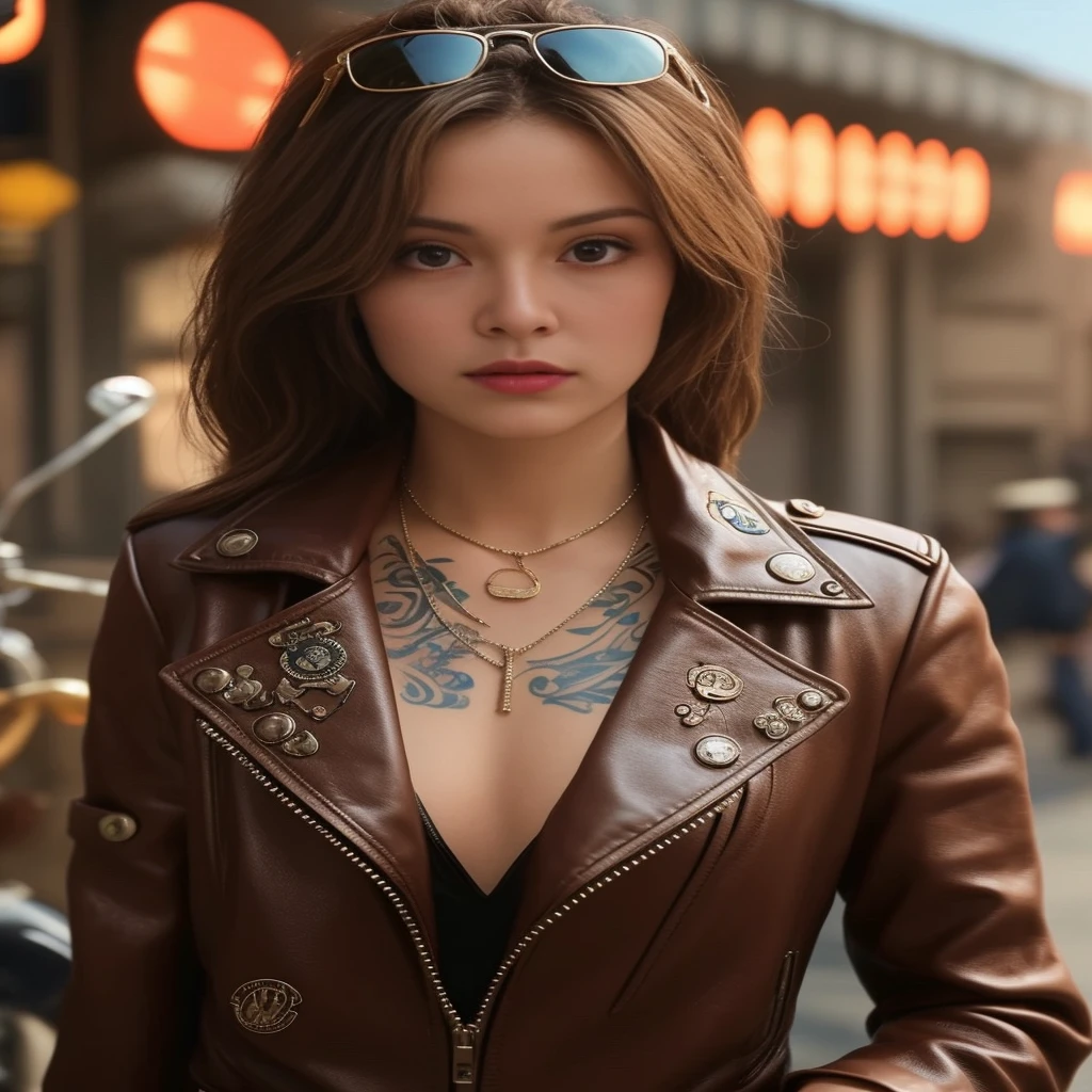 Young Asian woman with tattoo in black leather jacket Captured with a high-quality Canon camera. Realistic light and colors.