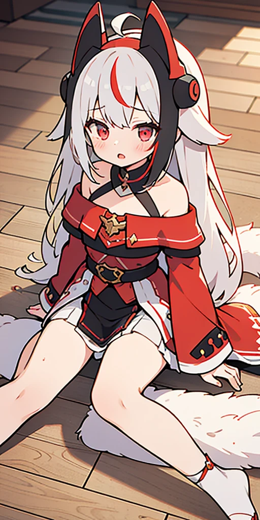 outfit-TMP, 1girl,  solo, long hair, tail,  blush, looking at viewer, open mouth, bangs,red sleeves,headgear,
closed_mouth from, outfit-TMP, bare shoulders, streaked_hair, masterpiece, best_quality, clear details,1girl, (wariza on_floor), sex, vagina, tits out