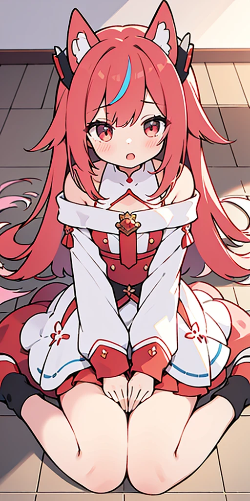 outfit-TMP, 1girl,  solo, long hair, tail,  blush, looking at viewer, open mouth, bangs,red sleeves,headgear,
closed_mouth from, outfit-TMP, bare shoulders, streaked_hair, masterpiece, best_quality, clear details,1girl, (wariza on_floor), sex