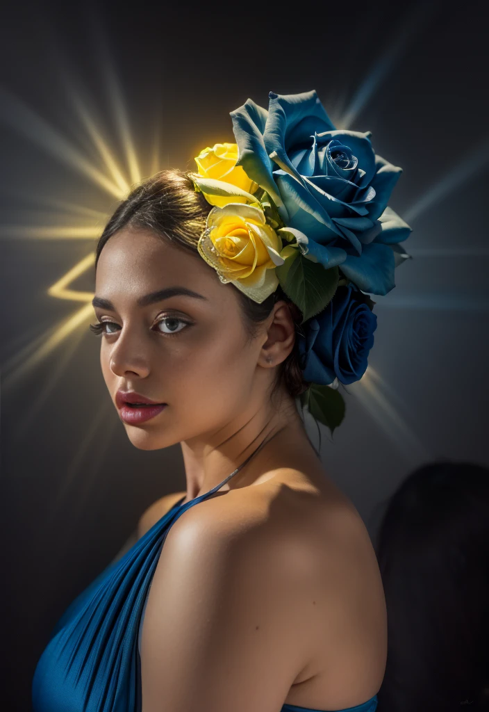 Create a bud of dark gray and blue roses filled with yellow light emanating all around