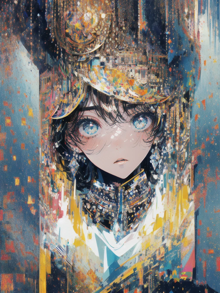 ((masterpiece, highest quality, Super detailed, High resolution)), alone, beautiful girl, shining eyes, perfect eyes, 15 years old, black white gold theme,