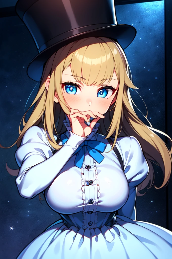 (1girl, solo), blonde hair, side ponytail, (blue eyes:1.5), long hair, (medium breast:1.2), (hair ribbon, juliet sleeves, long sleeves, puffy sleeves, white dress:1.5, frills, top hat, black top hat, hat, hat flower,) looking at viewer, holding knife, knife, indoors, (masterpiece:1.2), best quality, high resolution, unity 8k wallpaper, (illustration:1.2), anime style, (beautiful detailed eyes:1.6), extremely detailed face, perfect lighting, extremely detailed CG, (perfect hands, perfect anatomy),