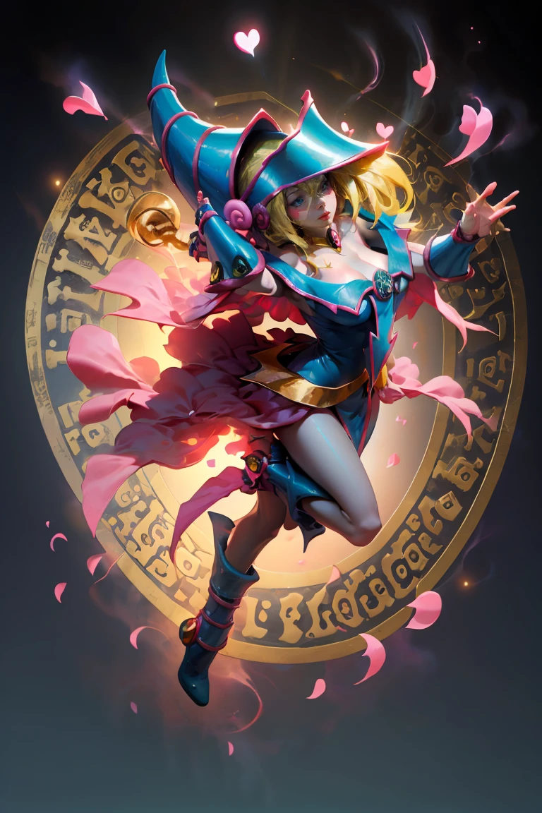 (Masterpiece:1.2), (The best quality:1.2), perfect lighting, Dark Magician Girl casting a spell, blue eyes. Red lips. Long blonde hair. floating in the air, big tits, neckline, magic background. Transparent hearts in the environment, blue robe, big hat, From above, sparkles, Yugioh Card in the background. In heels . She wears heels.