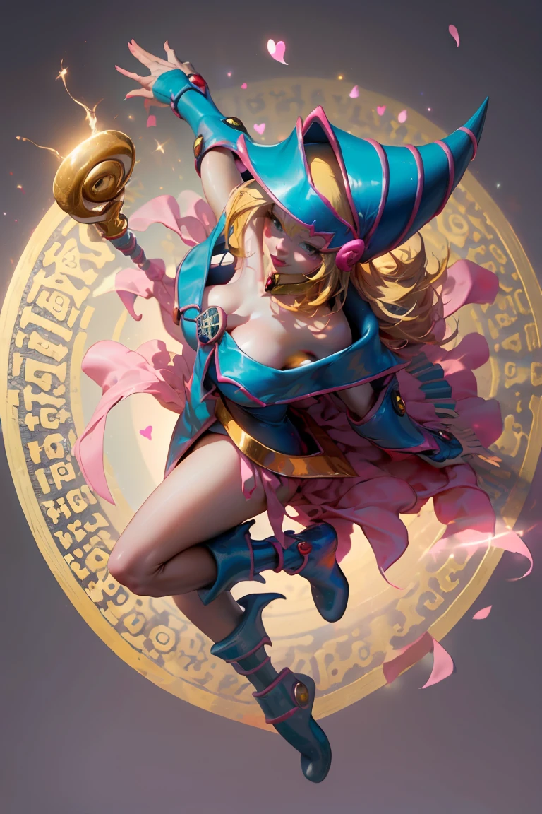 (Masterpiece:1.2), (The best quality:1.2), perfect lighting, Dark Magician Girl casting a spell, blue eyes. Red lips. Long blonde hair. floating in the air, big tits, neckline, magic background. Transparent hearts in the environment, blue robe, big hat, From above, sparkles, Yugioh Card in the background. In heels . She wears heels.