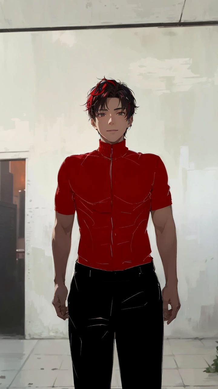 (absurd、High resolution、super detailed、nffsw)、masterpiece、highest quality、male 、solo、Handsome、short hair、red and black hair、white eyes、fine eyes and detailed face、casual clothes、true shadow、joy、connect ears、Upper body、blur the background、smile、City of night、