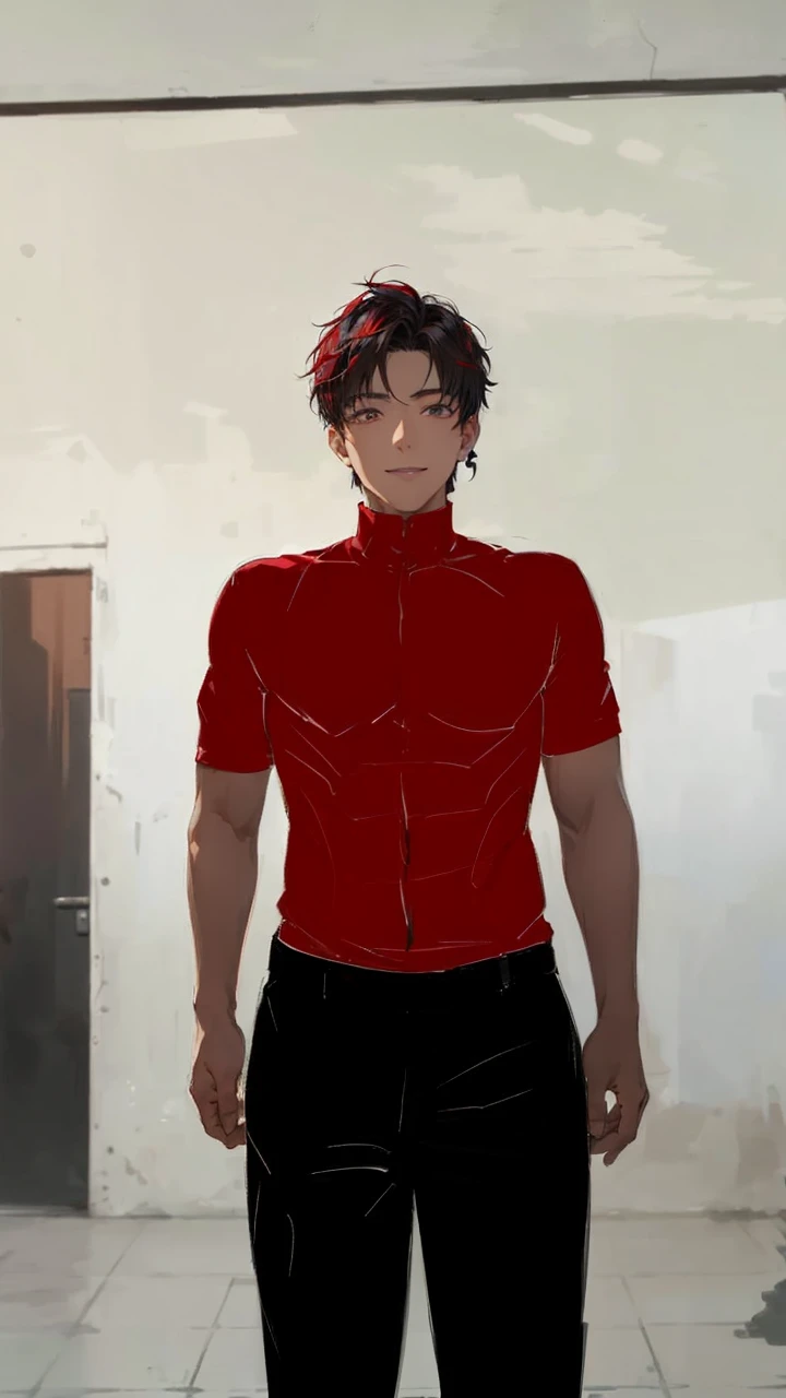 (absurd、High resolution、super detailed、nffsw)、masterpiece、highest quality、male 、solo、Handsome、short hair、red and black hair、white eyes、fine eyes and detailed face、casual clothes、true shadow、joy、connect ears、Upper body、blur the background、smile、City of night、