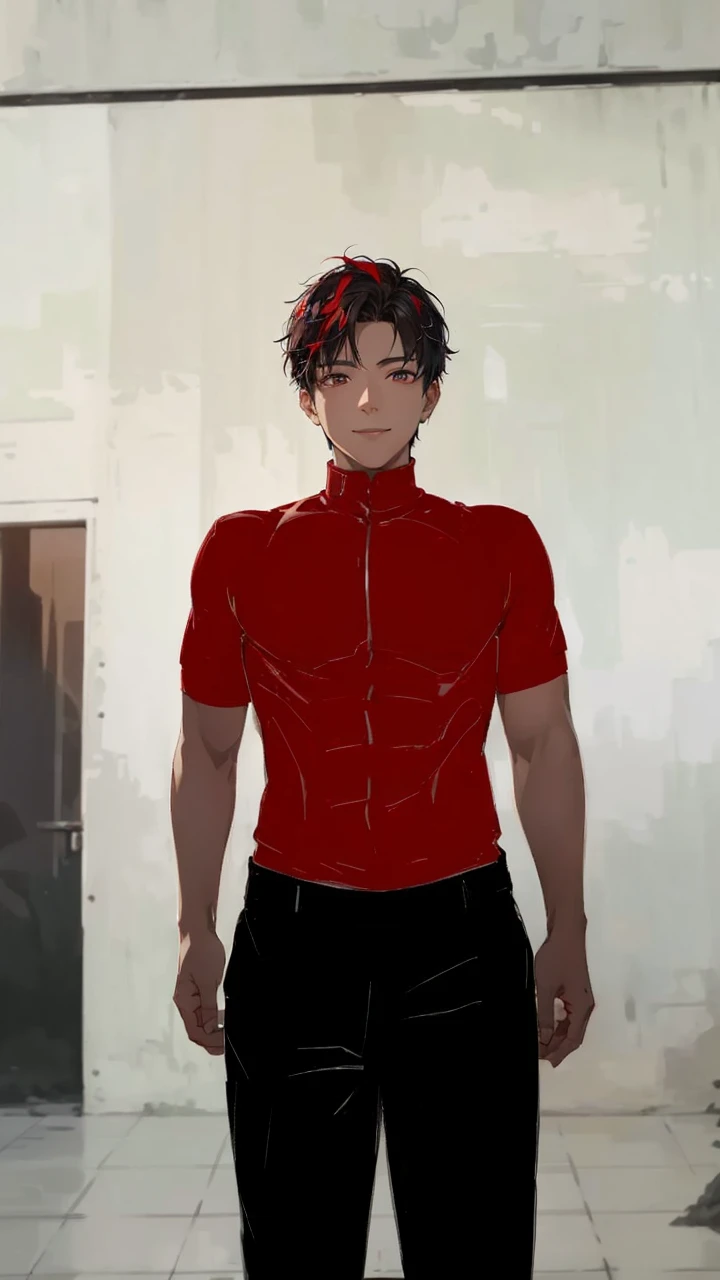 (absurd、High resolution、super detailed、nffsw)、masterpiece、highest quality、male 、solo、Handsome、short hair、red and black hair、white eyes、fine eyes and detailed face、casual clothes、true shadow、joy、connect ears、Upper body、blur the background、smile、City of night、