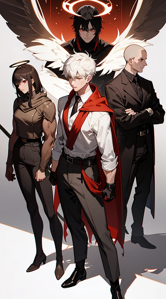 Character sheet, full body, bottom, anime style, 4K, high quality, handsome man, white hair, very short hair, ((crew cut: 1)), red eyes, fair skin, ((muscular: 1) ), man, 28 years old, muscular, in good shape, muscular, barbarian race, lots of muscles, warrior, giant man. no shirt, gold details, brown leather shawl, loose gray pants, black and brown belts, black boots, brown gloves, many belts, red halo, halo behind the head, horns on the head, angel transformation, demonic transformation, three transformations , elemental power of light, elemental power of shadow, a seraphim of chaos, power of death, power of life.