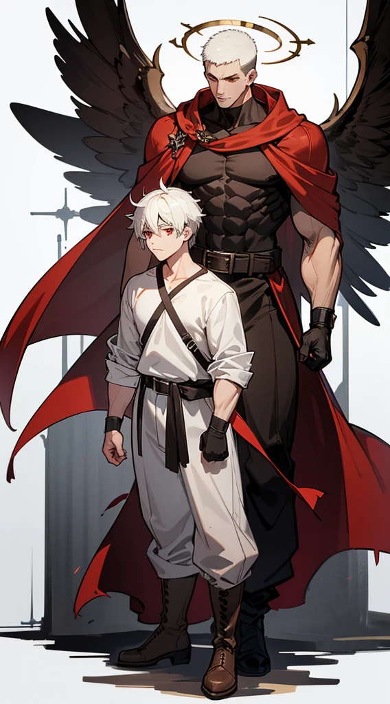 Character sheet, full body, various angles, character design, angel transformation, demon transformation and human transformation, from below, anime style, 4K, high quality, handsome man, white hair, very short hair, ((cut to crew cut: 1)), red eyes, fair skin, ((muscular: 1)), man, 28 years old, muscular, in good shape, muscular, barbarian race, many muscles, warrior, giant man. no shirt, gold details, brown leather shawl, loose gray pants, black and brown belts, black boots, brown gloves, many belts, red halo, halo behind the head, horns on the head, angel transformation, demonic transformation, three transformations , elemental power of light, elemental power of shadow, a seraphim of chaos, power of death, power of life.
