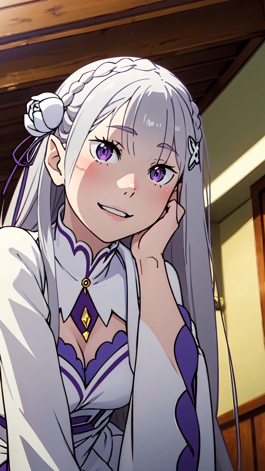 Absurd, High resolution, Super detailed, Emilia, Gray Hair, Purple eyes, Long Hair, Medium chest, Hair Flowers, X Hair Ornament, Hair Ribbon, White Dress, Detachable collar, Wide sleeves, White knee socks, Open your mouth, smile, Yandere trance, Yandere, View your viewers, Shadowed face, put your hand on your face, There was blood on my face., Put your hand on your cheek, From below, indoor, Ishigaki, 