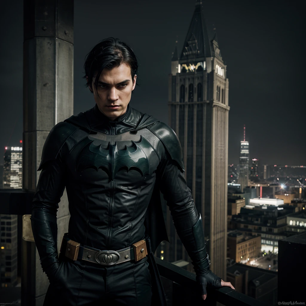 Generate art, pop culture style genre DC comics Batman type, drawning,
break,
A 20 year old young man, medium straight black hair, dark green eyes, DC vigilante dress, looking gloomy while looking down from a tower at a gothic-style city, Dark clothes,
break,
best angle, best view