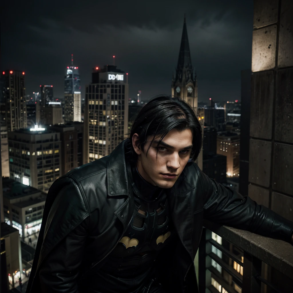 Generate art, pop culture style genre DC comics Batman type, drawning,
break,
A 20 year old young man, medium straight black hair, dark green eyes, DC vigilante dress, looking gloomy while looking down from a tower at a gothic-style city, Dark clothes,
break,
best angle, best view