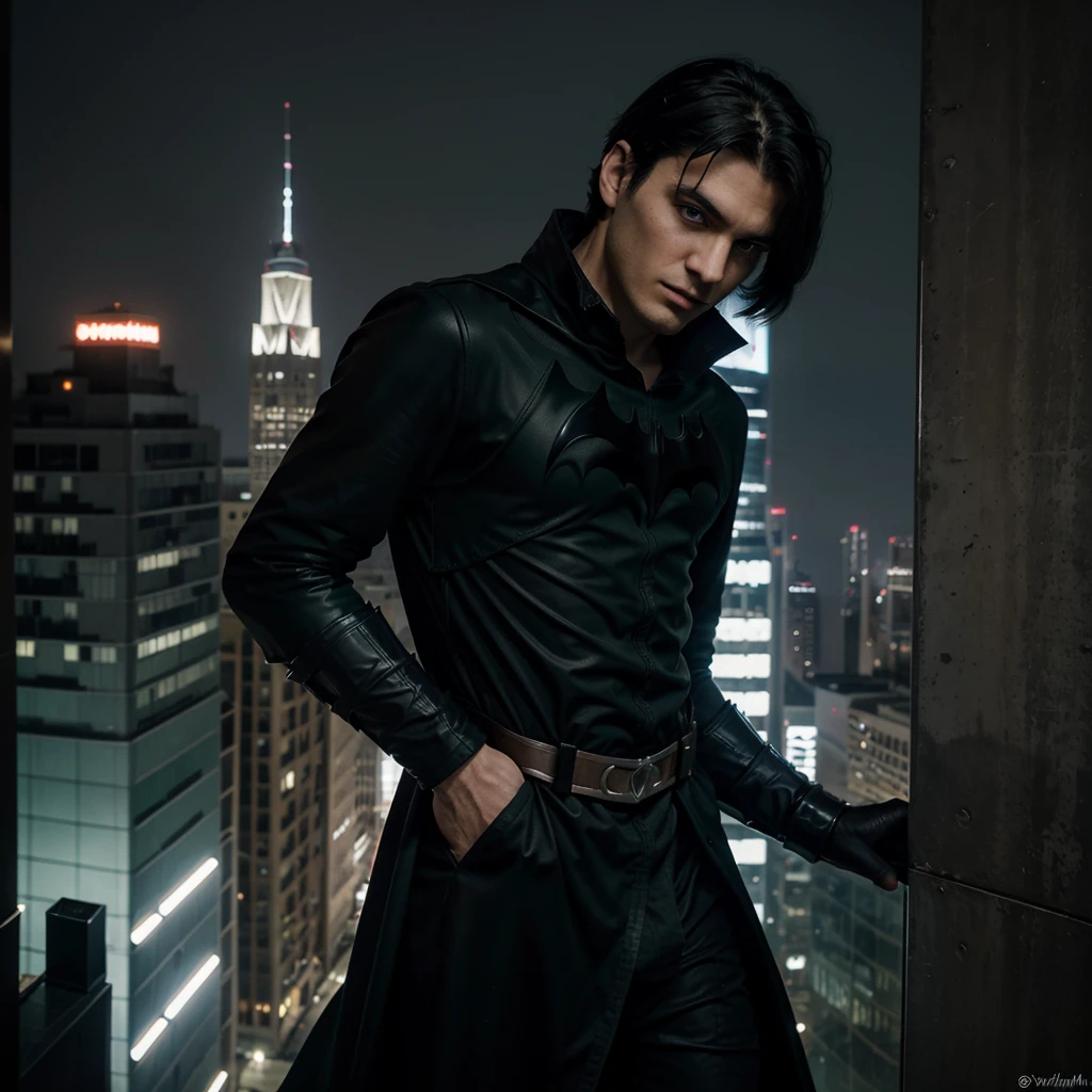 Generate art, pop culture style genre DC comics Batman type, drawning,
break,
A 20 year old young man, medium straight black hair, dark green eyes, DC vigilante dress, looking gloomy while looking down from a tower at a gothic-style city, Dark clothes,
break,
best angle, best view