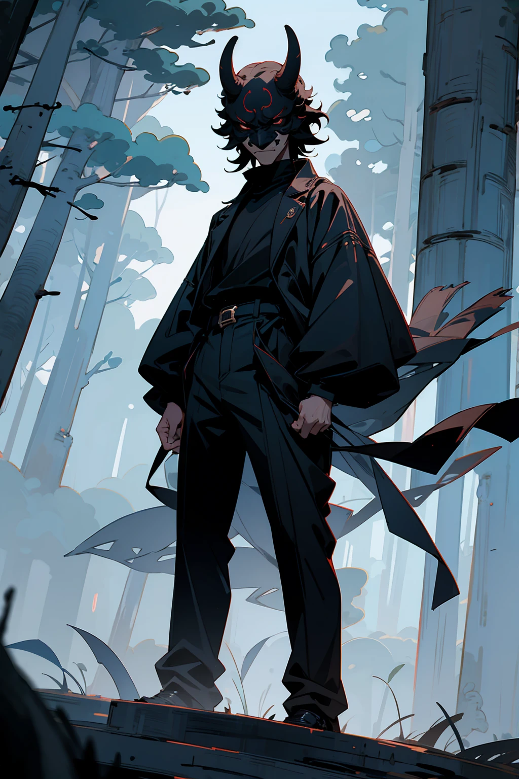 1male , Black Hair , Black Eyes , Serious Expression,  Male , Black Longsleeve Shirt, Fitted Clothing , Black Turtleneck , Bright Lightning , Forest Background , Standing on path , Oni Mask on Face 