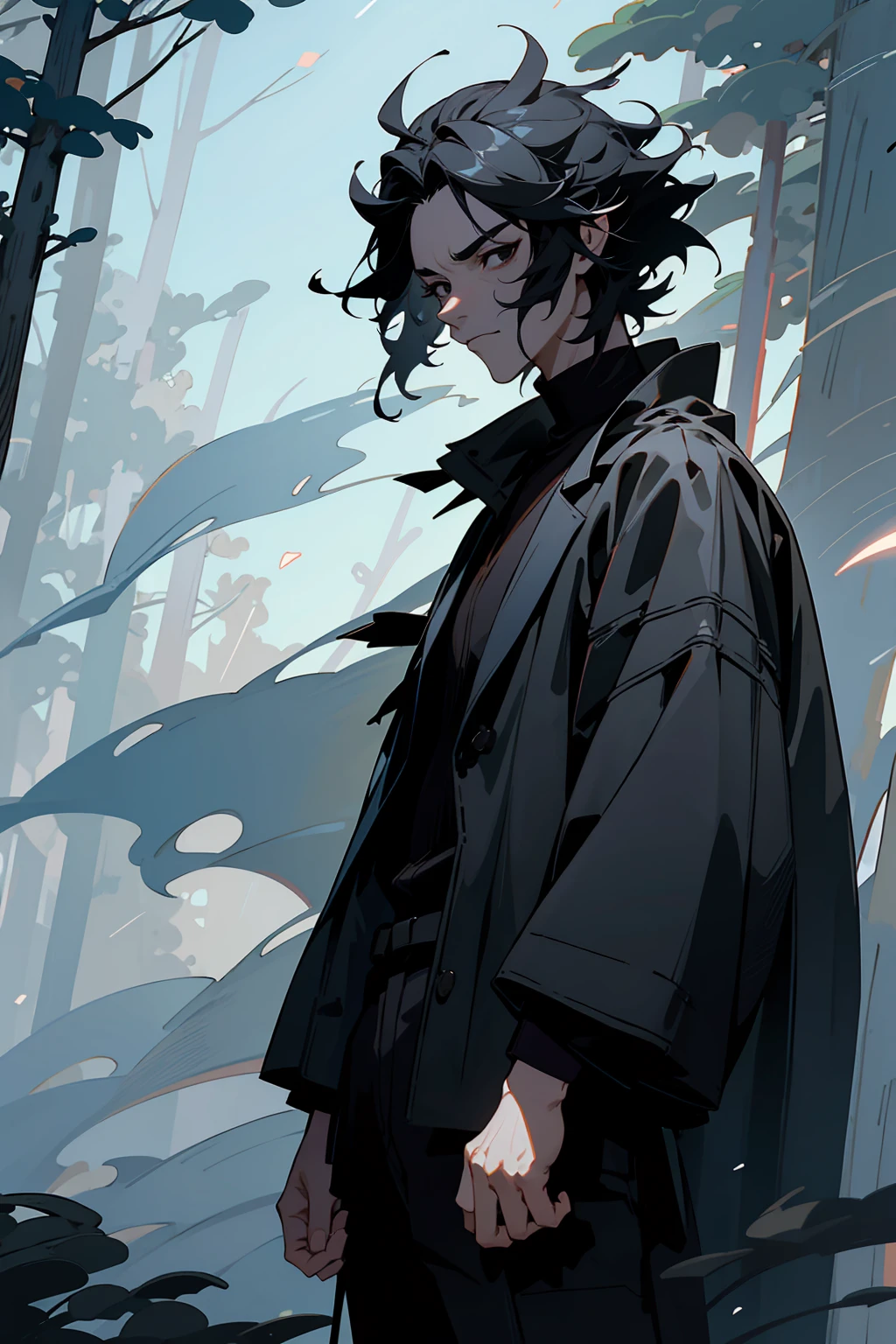 1male , Black Hair , Black Eyes , Serious Expression,  Male , Black Longsleeve Shirt, Fitted Clothing , Black Turtleneck , Bright Lightning , Forest Background , Standing on path , Oni Mask on Face 