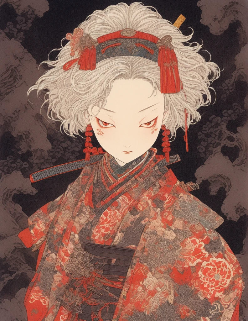 A vibrant and colorful illustration of an anime-style female samurai character with white hair, holding her sword in front of her face. She is wearing traditional Japanese adorned with floral patterns, a backdrop filled with colorful patterns representing ancient symbols and floral motifs. The background is richly detailed with geometric shapes that add depth to their figure's presence., creating a whimsical atmosphere. The background features bold colors and intricate designs that add to the overall visual appeal. This artwork showcases vivid hues, intricate details on both attire and armor, capturing movement as she walks forward in the style of intricate details on both attire and armor, capturing movement as she walks forward,  in the style of  takato yamamoto    , 