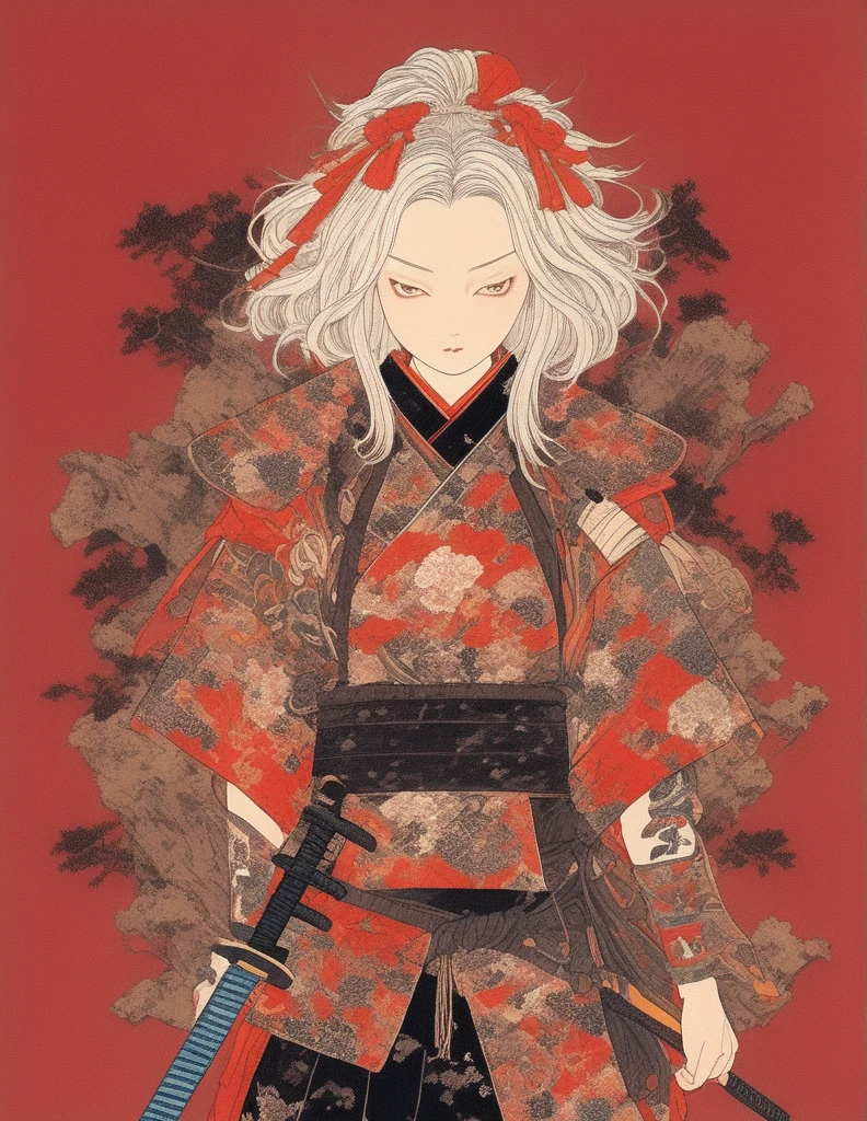 A vibrant and colorful illustration of an anime-style female samurai character with white hair, holding her sword in front of her face. She is wearing traditional Japanese adorned with floral patterns, a backdrop filled with colorful patterns representing ancient symbols and floral motifs. The background is richly detailed with geometric shapes that add depth to their figure's presence., creating a whimsical atmosphere. The background features bold colors and intricate designs that add to the overall visual appeal. This artwork showcases vivid hues, intricate details on both attire and armor, capturing movement as she walks forward in the style of intricate details on both attire and armor, capturing movement as she walks forward, in the style of takato yamamoto ,