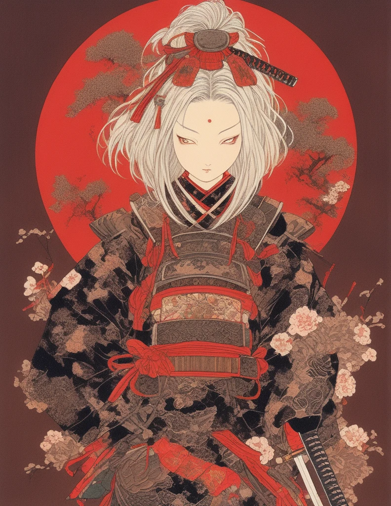 A vibrant and colorful illustration of an anime-style female samurai character with white hair, holding her sword in front of her face. She is wearing traditional Japanese adorned with floral patterns, a backdrop filled with colorful patterns representing ancient symbols and floral motifs. The background is richly detailed with geometric shapes that add depth to their figure's presence., creating a whimsical atmosphere. The background features bold colors and intricate designs that add to the overall visual appeal. This artwork showcases vivid hues, intricate details on both attire and armor, capturing movement as she walks forward in the style of intricate details on both attire and armor, capturing movement as she walks forward,  in the style of  takato yamamoto    , 