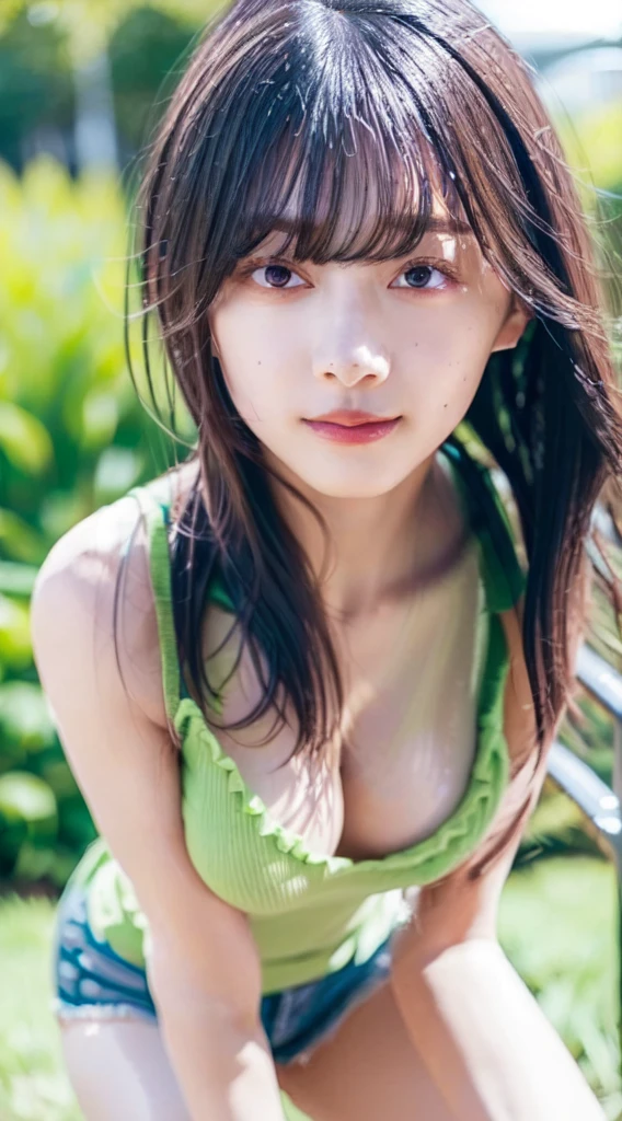 ((((masterpiece, best quality, high resolution)))), Extremely detailed 8K, Beautiful girl with voluptuous body, (Ultra HD, Ultra-detailed, Highly detailed, Highly realistic, Ultra-realistic, photograph realistic), (1girl:1.5), (Realistic white hair), short wavy black hair, bob cut, (dynamic poses), facing at camera, light smile, purple eyes, average breasts, (beautiful detailed face, beautiful detailed eyes), (white tank top, thin material), cleavage, dark jean shorts, glow, sweat, (sunbeam, sunlight)、Fishnet tights