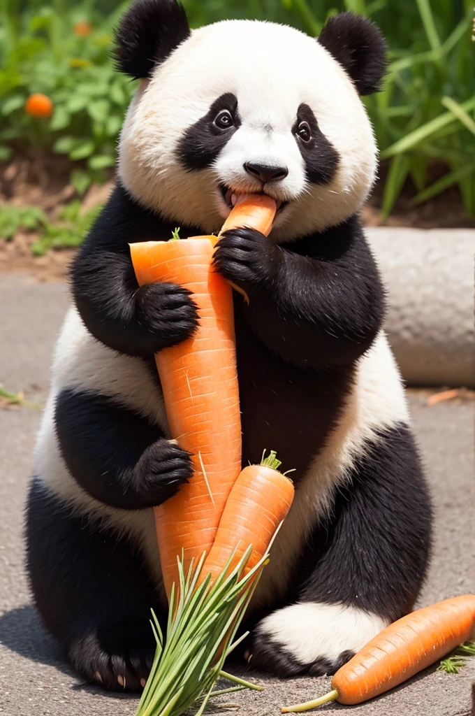 A cute Panda eating a piece of carrot