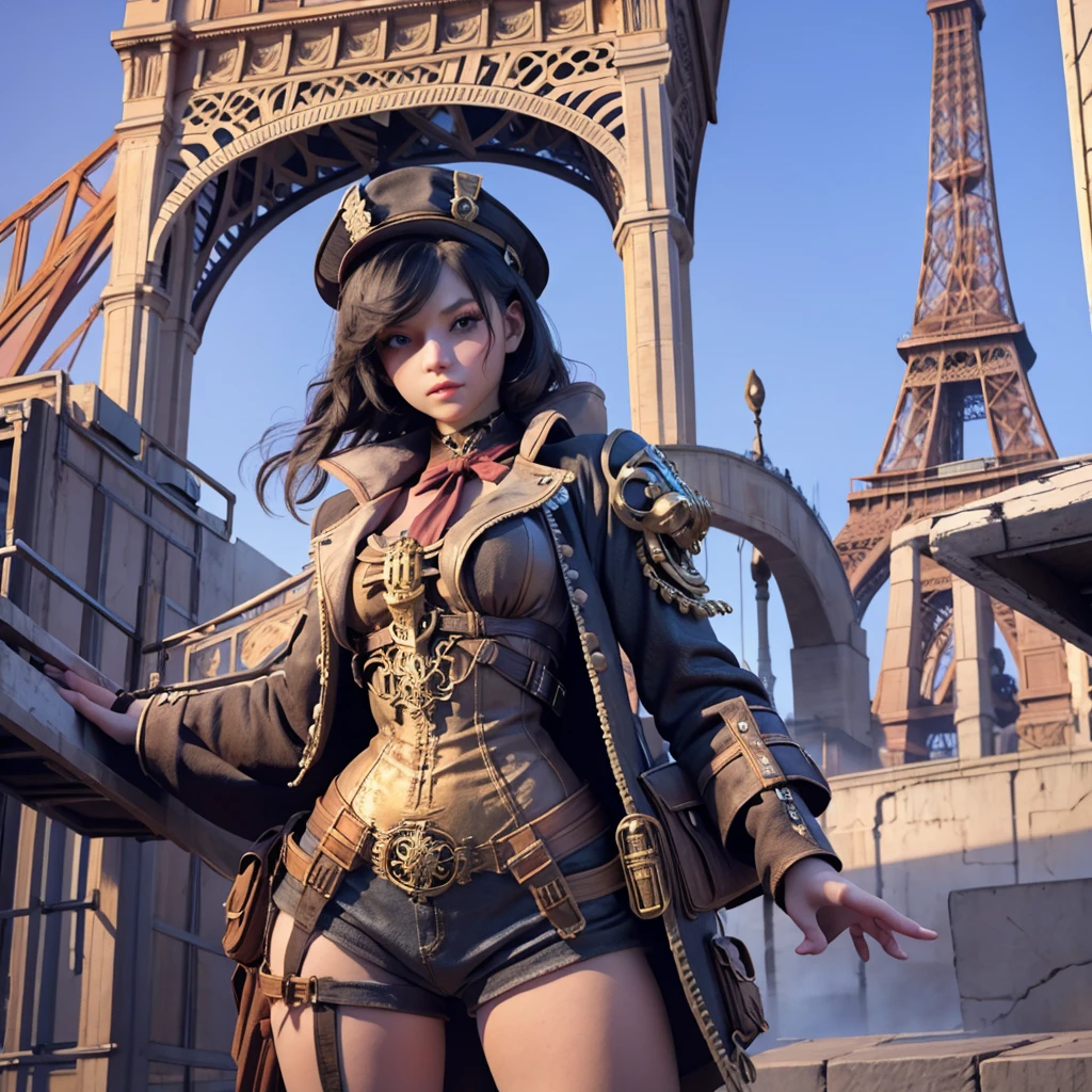 Girl clad in steampunk armor holding a steampunk shotgun standing in front of the Eiffel Tower