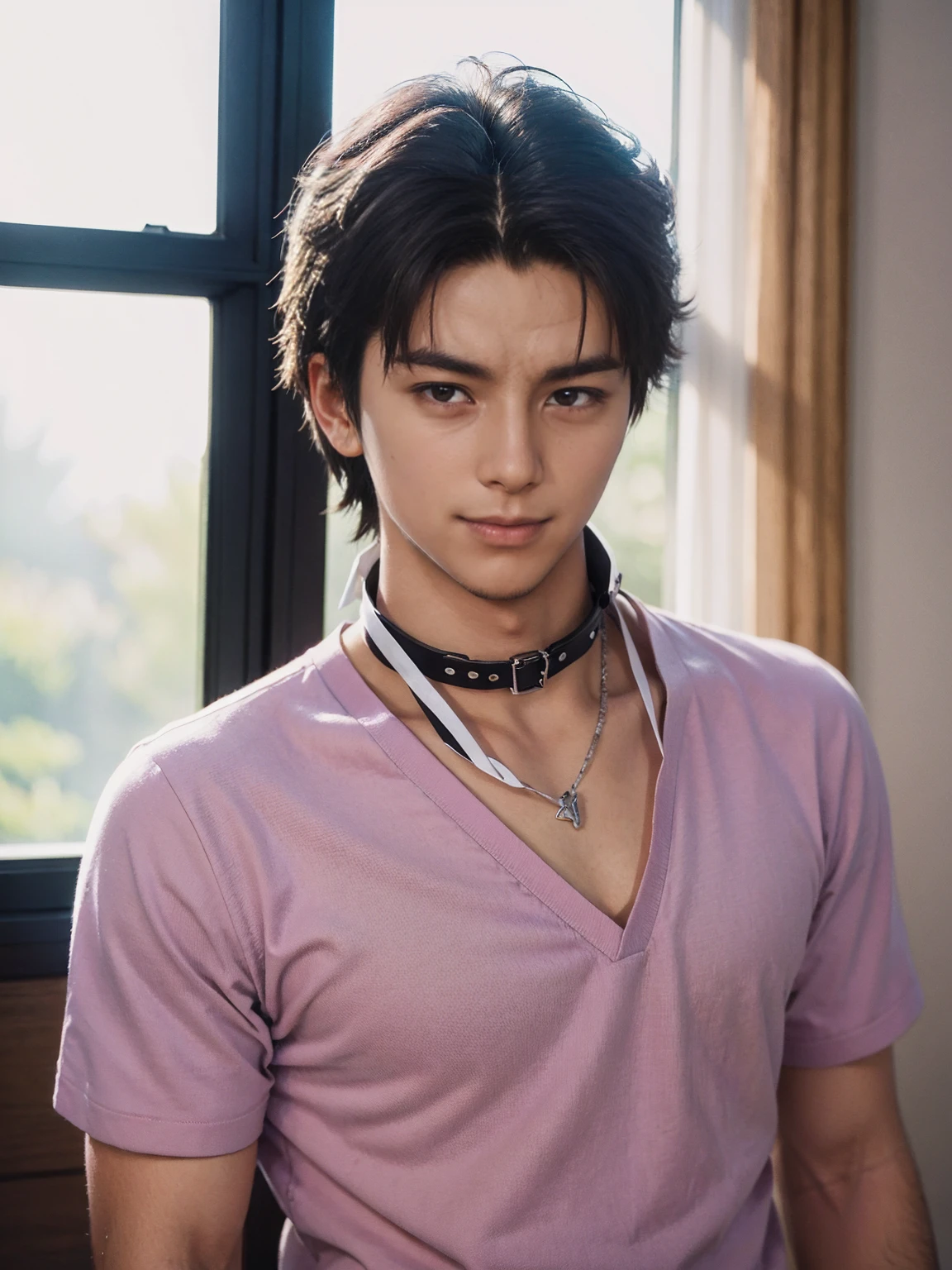 (Higher resolution, clearly_image) Best quality, A man, masterpiece, Very detailed, Semi-realistic, 21 years old, beautiful, young, Handsome, t-shirt, Lilac shirt pull, Collar around the neck, Internal, modern room, window, wake up, morning, blush, Smile