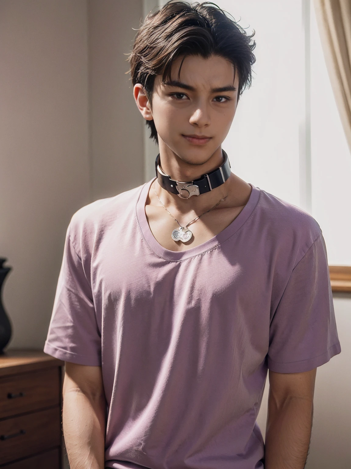 (Higher resolution, clearly_image) Best quality, A man, masterpiece, Very detailed, Semi-realistic, 21 years old, beautiful, young, Handsome, t-shirt, Lilac shirt pull, Collar around the neck, Internal, modern room, window, wake up, morning, blush, Smile