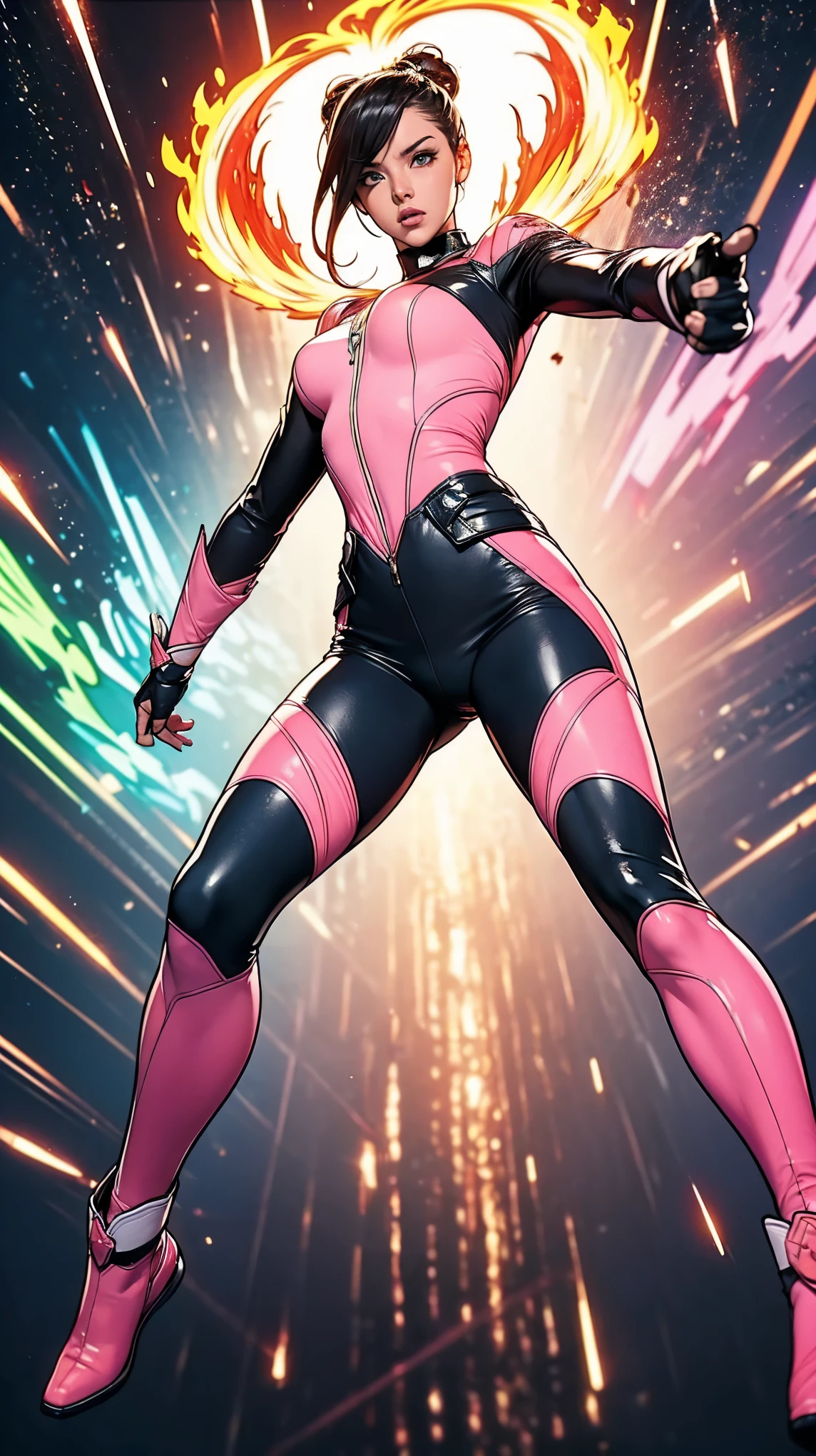 Solo, A brave and courageous image of a 6 member ranger team, Each one is decorated in vibrant colors such as:: ((Pink)), red is front of center, violet, Green, yellow, blue black, white,. Dynamic poses in a background that exudes energy and courage, neon, fire, plasma, Fluorescent, shocking, pink big bomber, splashing pink, running, fighting pose, action pose, Embodying the essence of the classic Sentai superhero team. Each Ranger:: The attire is sophisticated and modern, Each color has elements that reflect its theme., Ready for action. ((Camel Toe)), weapons, in sunset background , in cinematic lighting, cover art mixed cinema poster style,