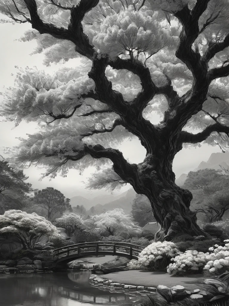 stunning black and white graphite sketch of cheery tree blossums in a Japanese garden, panoramic shot, from The Lord Of The Rings trilogy, in dynamic pose, by Anna Razumovskay, (by Alyssa Monks:1.1), by Joseph Lorusso, by Lilia Alvarado, beautiful lighting, sharp focus, 8k, high res, (pores:0.1), (sweaty:0.8), Masterpiece, Nikon Z9, Award - winning photograph, --ar 16:9 --style raw --stylize 750 --niji 6, perfect composition, beautiful detailed intricate insanely de