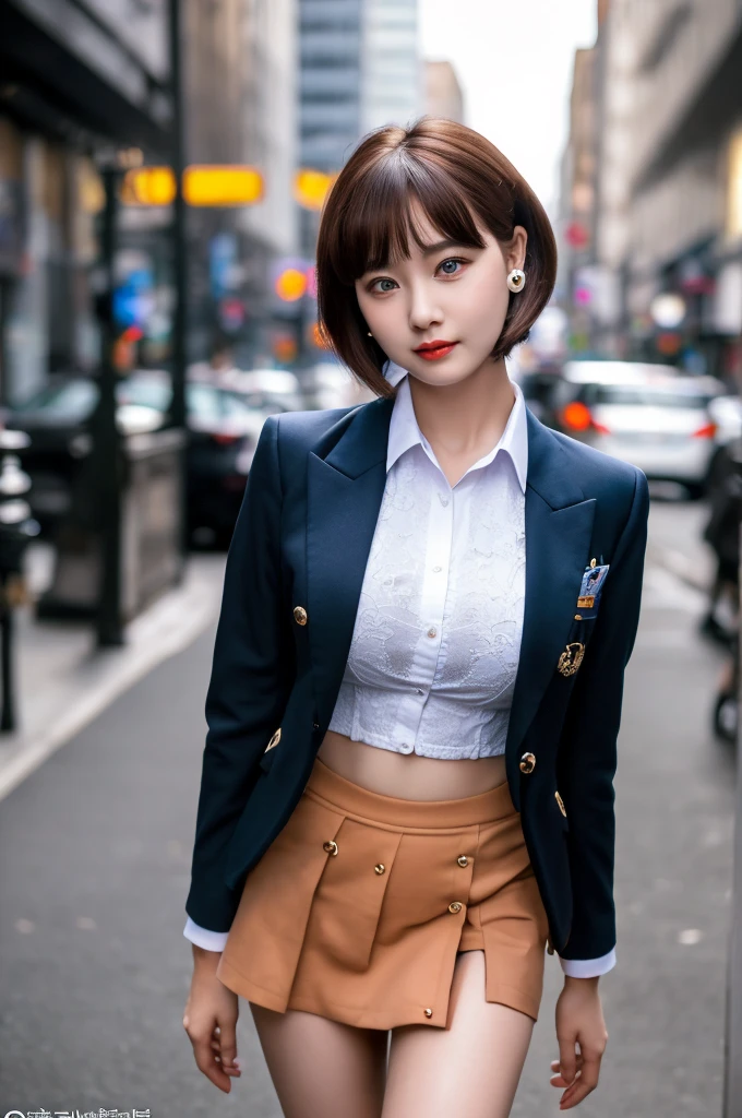 a 20 year old face of the most beautiful actress in the world, the perfect body proportions of a female, too short hair cut of a female is just like male one, the perfect shaped of female , tight blazer is worn with formal shirt on female upper body, shirt skirt is worn with pantiesale lower body, panties betweelegs under short skirt are seen just a little, standing, at the city street, nsfw, best quality, highly detailed, masterpiece, ultra high res, photo realistic, 8k