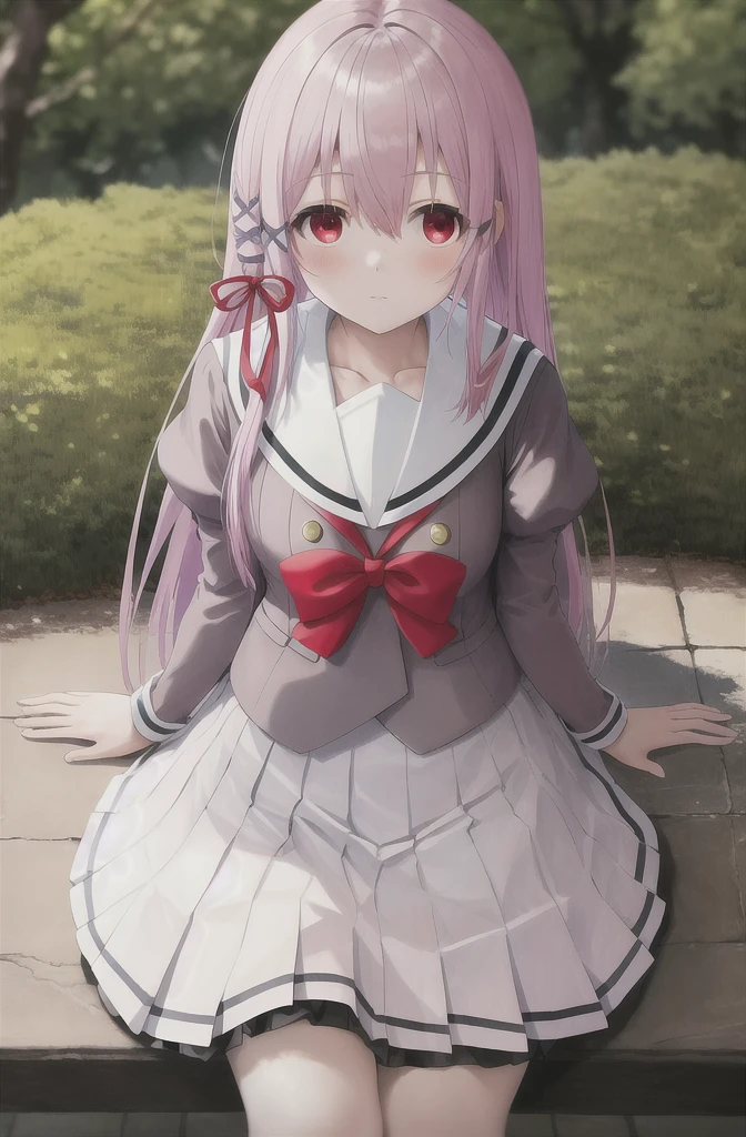 Masterpiece, Best Quality, high resolution, hair band, white skirt with red bow gray serafuku, sitting in a park.