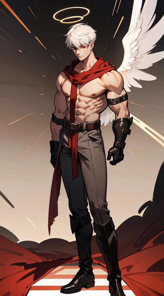 Character sheet, full body, bottom, anime style, 4K, high quality, handsome man, white hair, very short hair, ((crew cut: 1)), red eyes, fair skin, ((muscular: 1) ), man, 28 years old, muscular, in good shape, muscular, barbarian race, lots of muscles, warrior, giant man. no shirt, gold details, brown leather shawl, loose gray pants, black and brown belts, black boots, brown gloves, many belts, red halo, halo behind the head, horns on the head, angel transformation, demonic transformation, three transformations , elemental power of light, elemental power of shadow, a seraphim of chaos, power of death, power of life.
