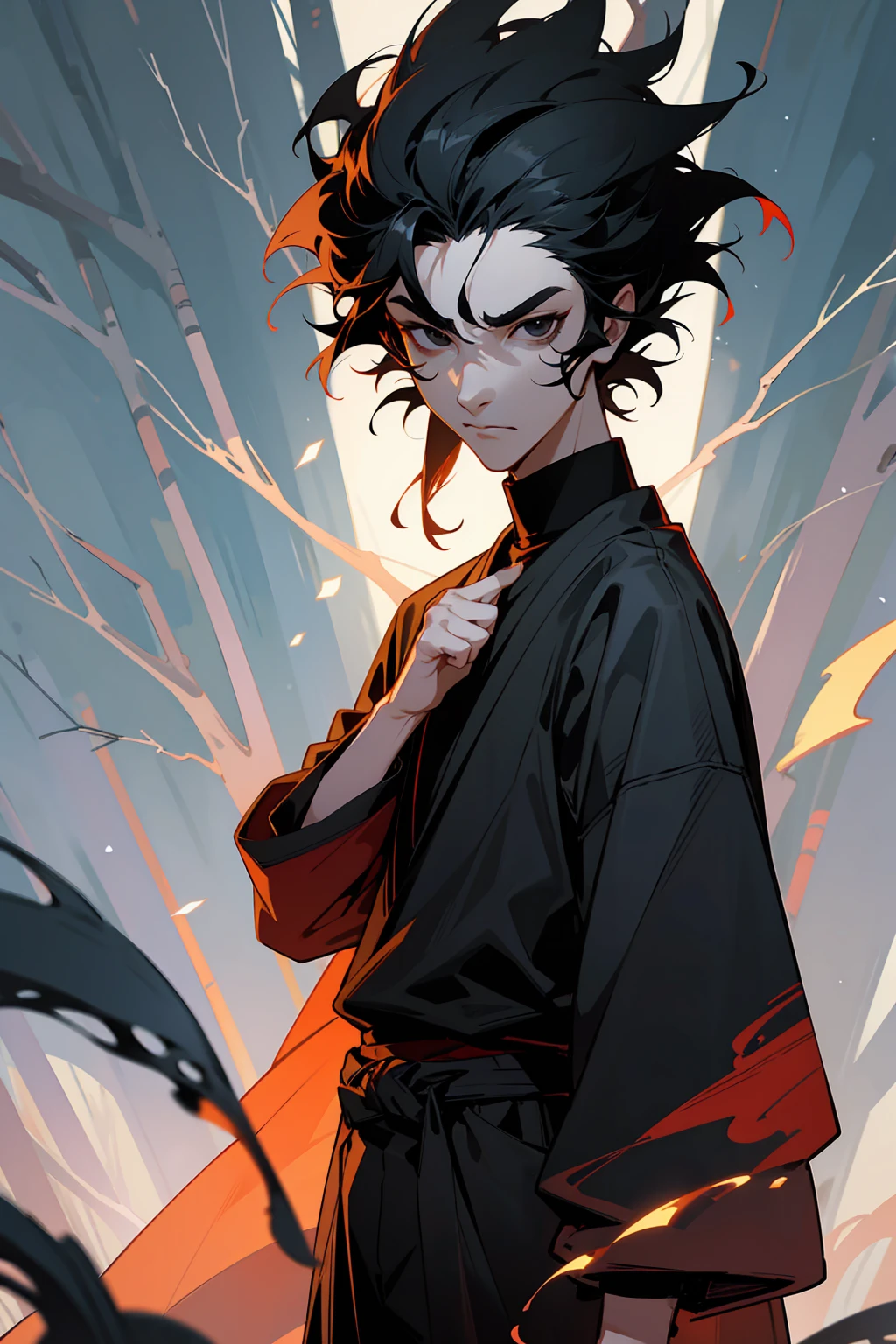 1male , Black Hair , Black Eyes , Serious Expression,  Male , Black Longsleeve Shirt, Fitted Clothing , Black Turtleneck , Bright Lightning , Forest Background , Standing on path , Oni Mask on Face 