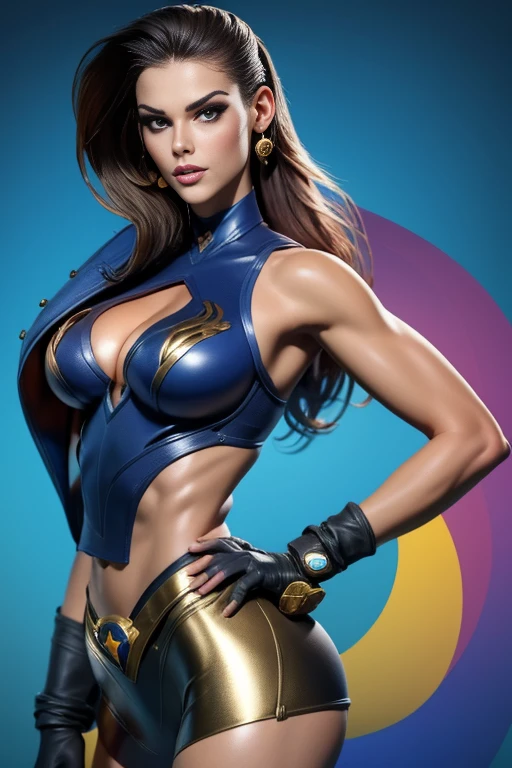 Sexy superheroine wears a blue outfit gold shoulder pads gold bracelets revealing abs midriff a Z symbol on her chest portrait photography by artgerm, in the style of realism, glistening skin, cartooncore, mangacore, natural lighting, Defined full lips. Muscular fitness feminine body