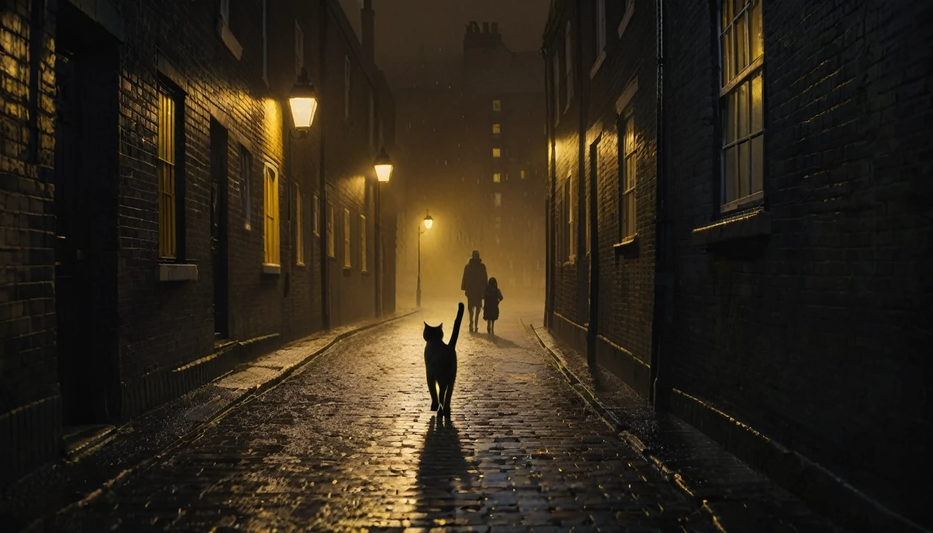Create a scene, at night, on a dark street inspired by the streets of London, lit only by the yellow light of a distant streetlight. the street tiles are wet and fog hangs in the air. The street is deserted, only two young people stand out in the landscape. A girl wearing white warm clothes and black hair and a boy wearing black warm clothes and blond hair. A cat walking along the wall of one of the houses. (the scene needs to have a noir atmosphere)