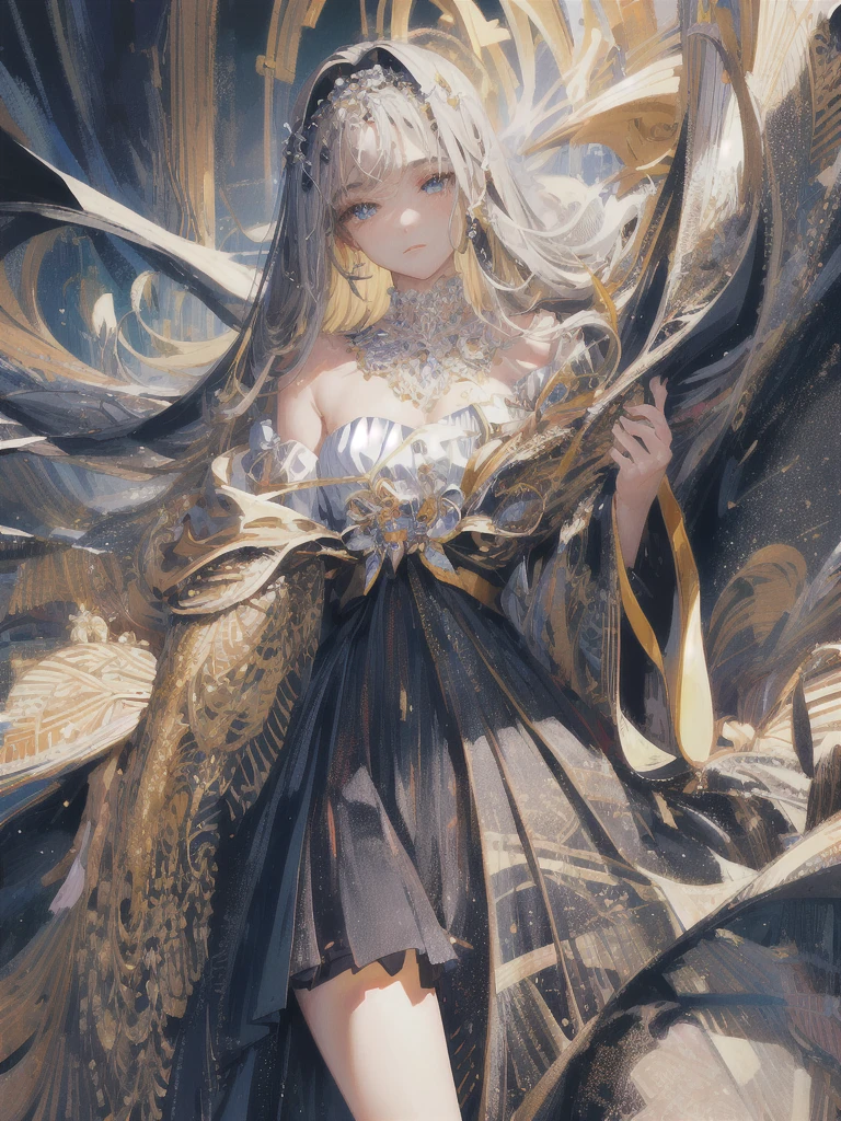 ((masterpiece, highest quality, Super detailed, High resolution)), alone, beautiful girl, shining eyes, perfect eyes, , black white gold theme,