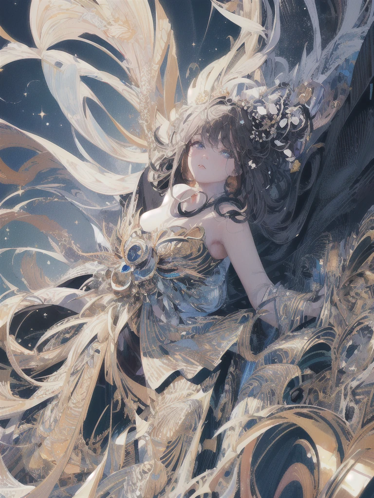 ((masterpiece, highest quality, Super detailed, High resolution)), alone, beautiful girl, shining eyes, perfect eyes, , black white gold theme,