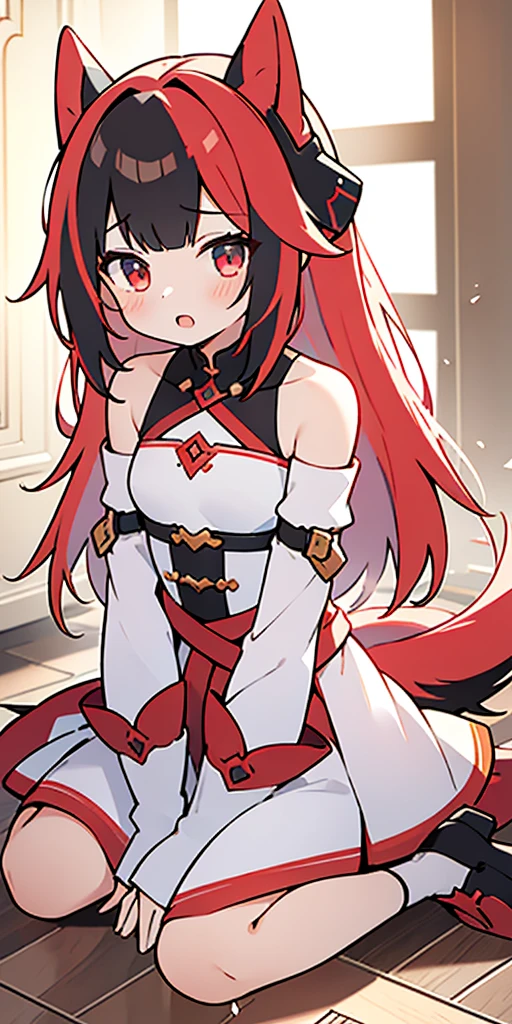 outfit-TMP, 1girl, solo, long hair, tail, blush, looking at viewer, open mouth, bangs,red sleeves,headgear,
closed_mouth from, outfit-TMP, bare shoulders, streaked_hair, masterpiece, best_quality, clear details,1girl, (wariza on_floor), sex, vagina,