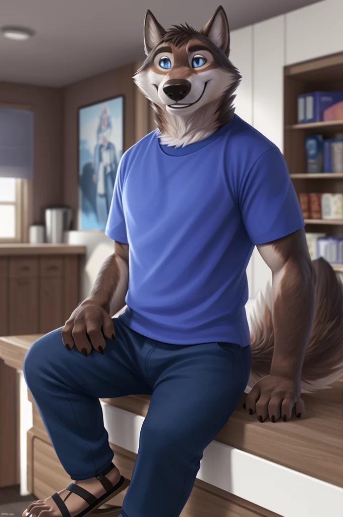 Larry (Zveropolis), wolf, Gray Fur, (brown body:1.3), beautiful blue eyes, Zveropolis, dressed, t-shirt,trousers,women&#39;s sandals with thick soles, observant,wolf, detailed fur, male, second, paw pads, finger claws, viewer, 5 fingers, paws, 4 toes,holding sandals, 
BREAK from nextel, for dating, by xenoforge, (difficult, high detail,digital photography, soft focus, RAW, close to the camera, smile, positive, Good, mood, Houses, смотрит на viewer, очень close to the camera, in the shop,sandals sit on straps, 
Photorealism, realistic, photorealistic,digital style, Subsurface scattering,очень close to the camera кольцо на пальце руки, 
masterpiece, Best quality, ultra realistic, 8 thousand.)
