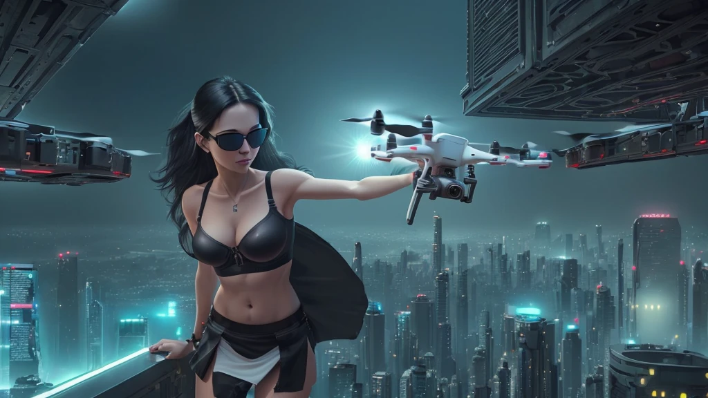 (((At night, ((very dark sunset sky)), (((1girl, solo))), a western woman, photo realistic, large-breast:1.2 slim body, cleavage, off tube top, short pleated miniskirt, standing on rooftop, (matrix style black sunglasses), (((aiming towards viewer with a short:0.8 pistol))), half-body thigh level medium:1.2 shot))). In the background, simple aerial view of a sci-fi futuristic city, (((flying vehicle speeding towards viewer))).