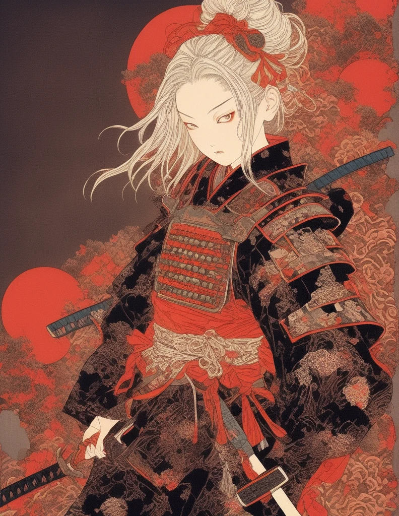 A vibrant and colorful illustration of an anime-style female samurai character with white hair, holding her sword in front of her face. She is wearing traditional Japanese adorned with floral patterns, a backdrop filled with colorful patterns representing ancient symbols and floral motifs. The background is richly detailed with geometric shapes that add depth to their figure's presence., creating a whimsical atmosphere. The background features bold colors and intricate designs that add to the overall visual appeal. This artwork showcases vivid hues, intricate details on both attire and armor, capturing movement as she walks forward in the style of intricate details on both attire and armor, capturing movement as she walks forward, in the style of takato yamamoto ,